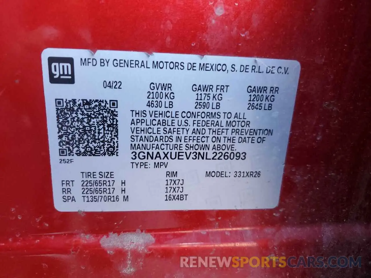 15 Photograph of a damaged car 3GNAXUEV3NL226093 CHEVROLET EQUINOX 2022