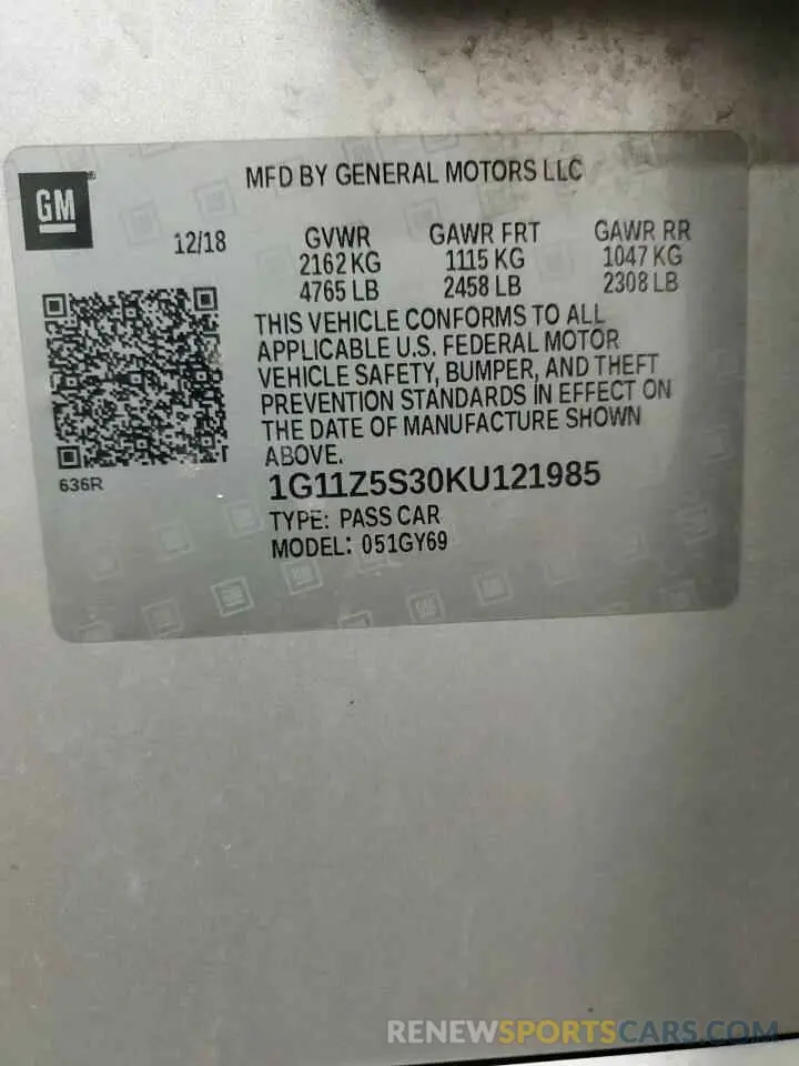 12 Photograph of a damaged car 1G11Z5S30KU121985 CHEVROLET IMPALA 2019