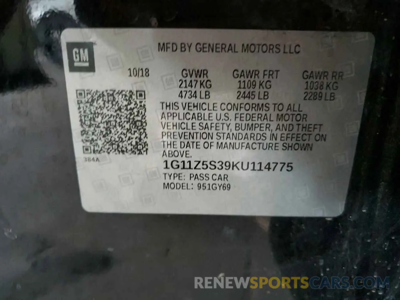 12 Photograph of a damaged car 1G11Z5S39KU114775 CHEVROLET IMPALA 2019
