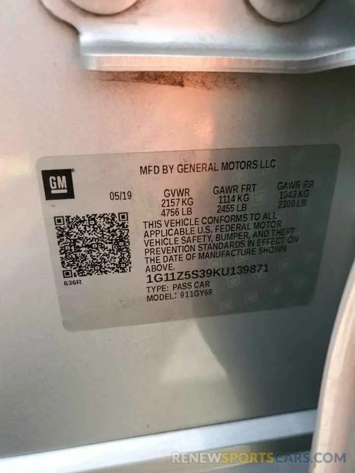 12 Photograph of a damaged car 1G11Z5S39KU139871 CHEVROLET IMPALA 2019