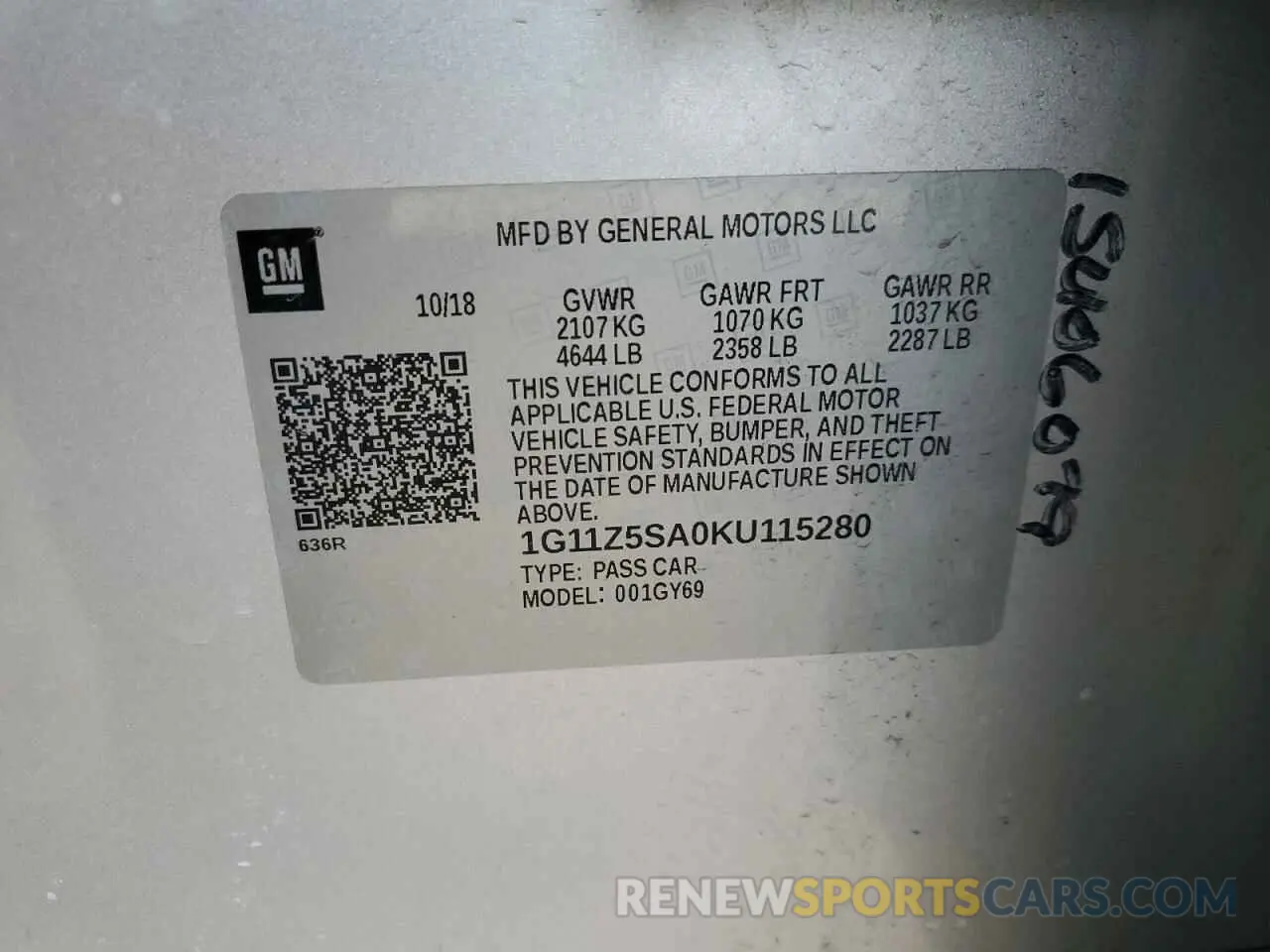 12 Photograph of a damaged car 1G11Z5SA0KU115280 CHEVROLET IMPALA 2019