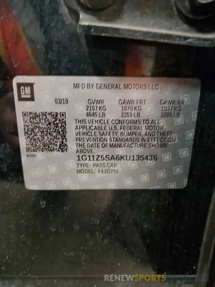 13 Photograph of a damaged car 1G11Z5SA6KU135436 CHEVROLET IMPALA 2019