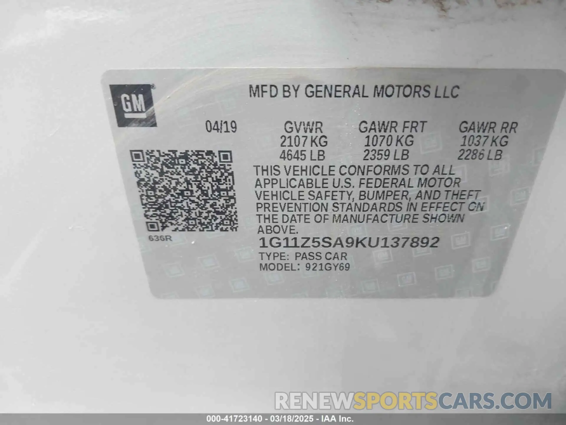 9 Photograph of a damaged car 1G11Z5SA9KU137892 CHEVROLET IMPALA 2019
