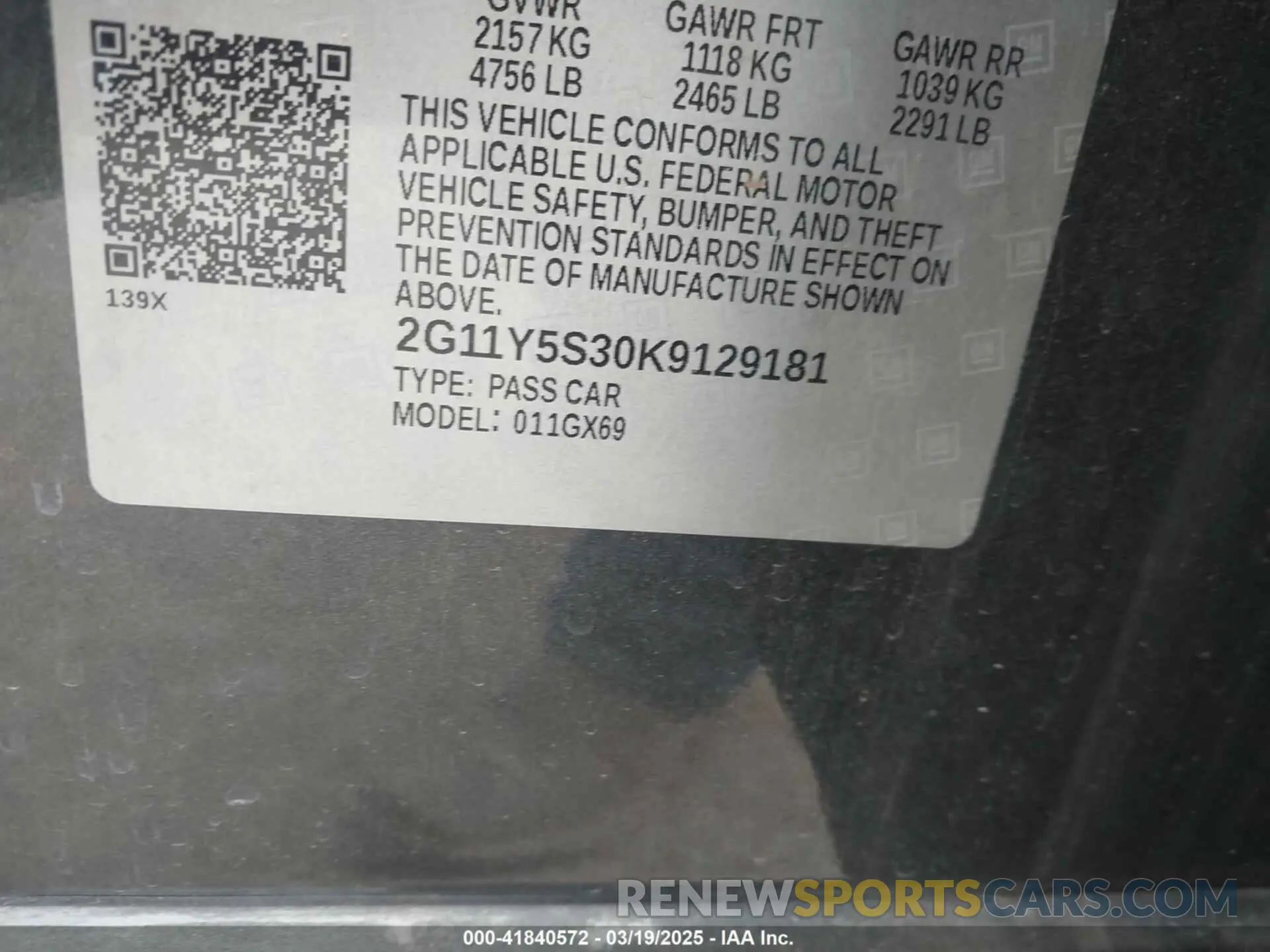 9 Photograph of a damaged car 2G11Y5S30K9129181 CHEVROLET IMPALA 2019