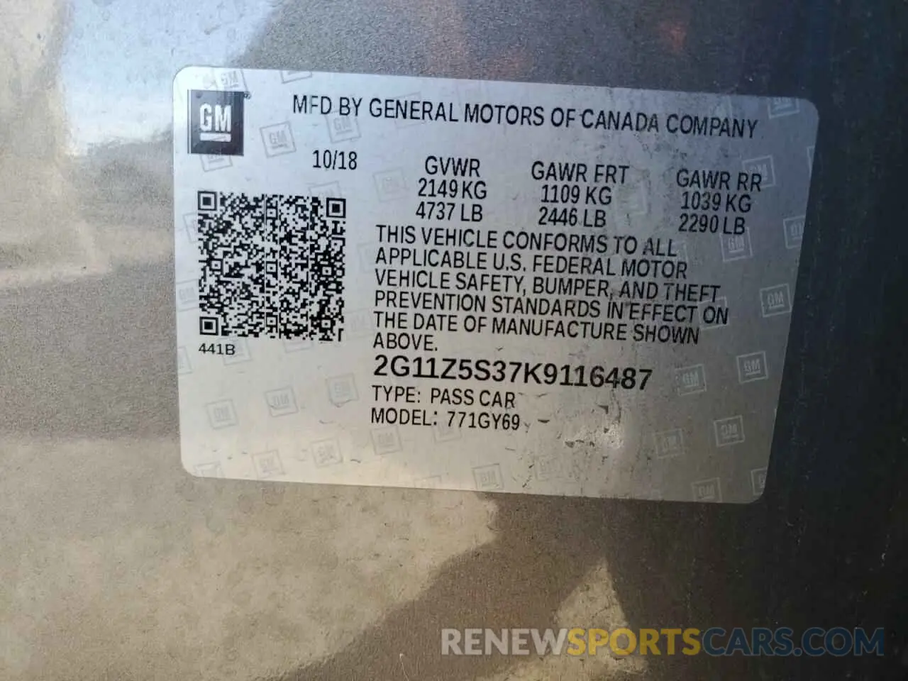12 Photograph of a damaged car 2G11Z5S37K9116487 CHEVROLET IMPALA 2019