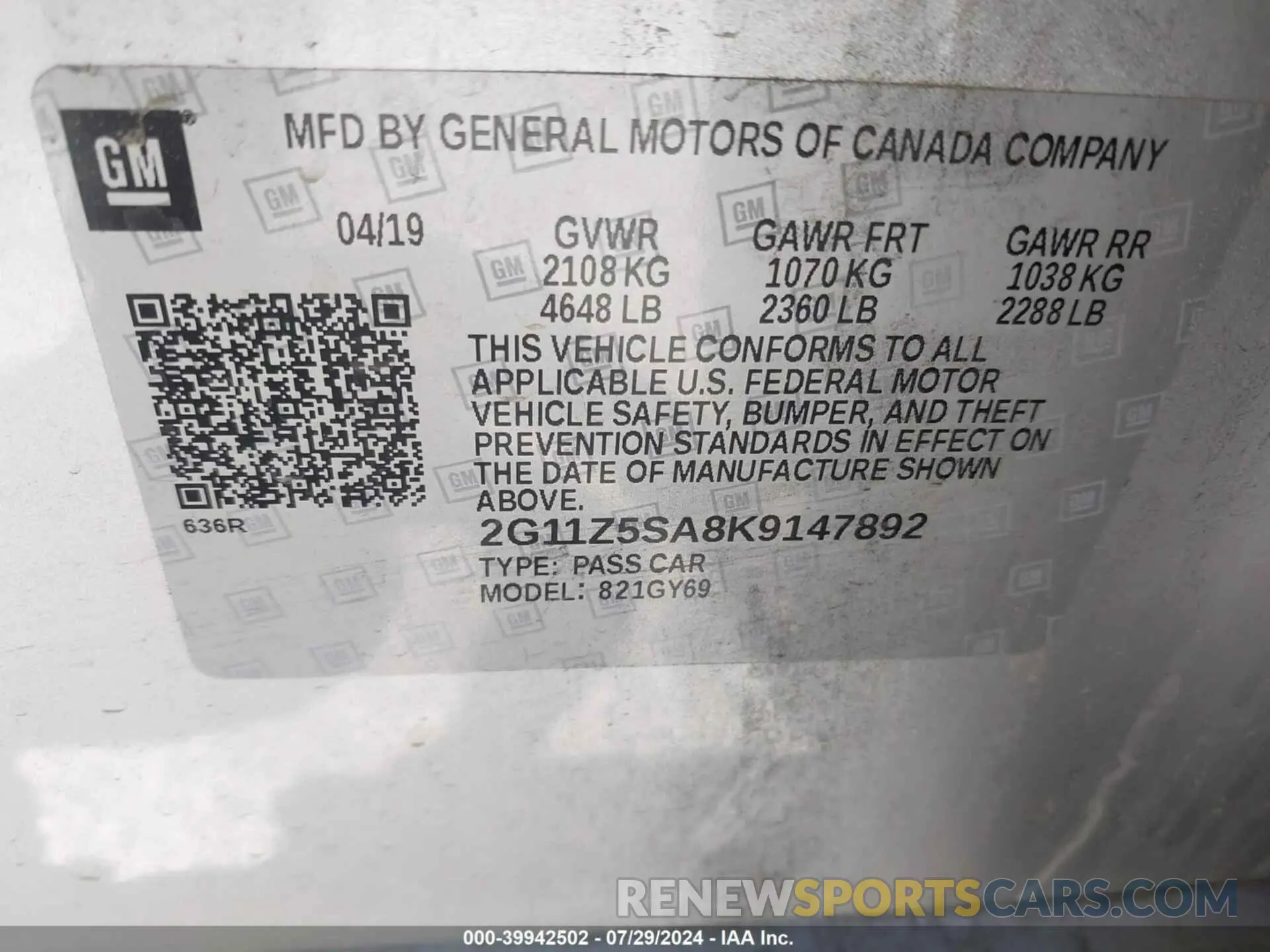 9 Photograph of a damaged car 2G11Z5SA8K9147892 CHEVROLET IMPALA 2019