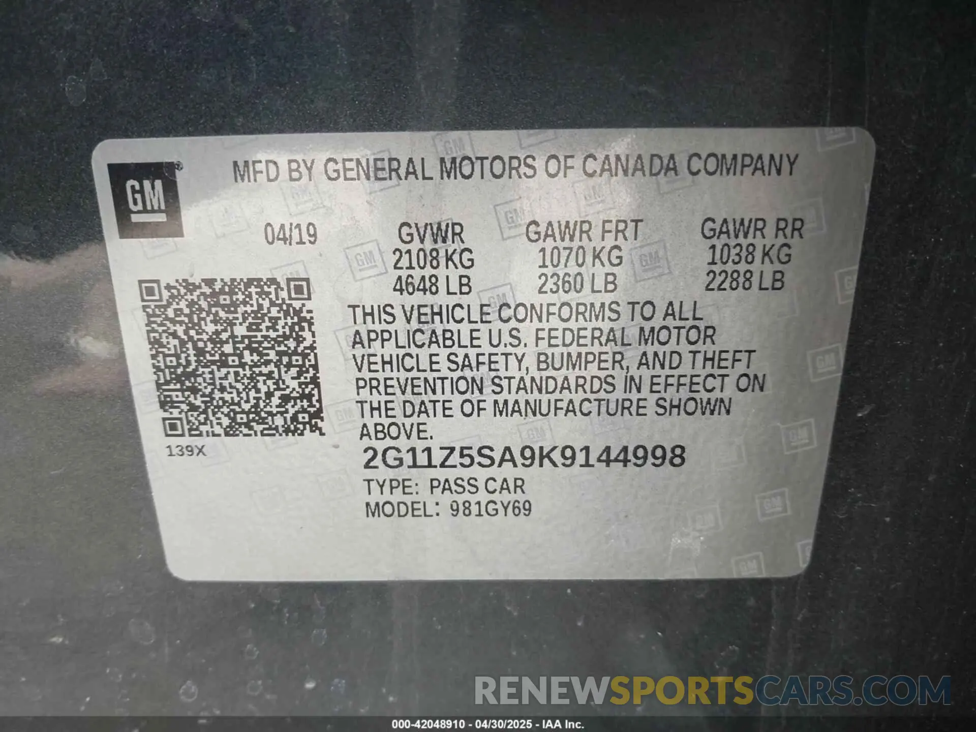 9 Photograph of a damaged car 2G11Z5SA9K9144998 CHEVROLET IMPALA 2019