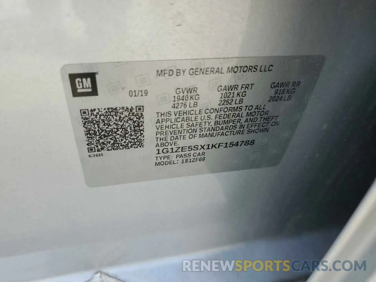 12 Photograph of a damaged car 1G1ZE5SX1KF154788 CHEVROLET MALIBU 2019