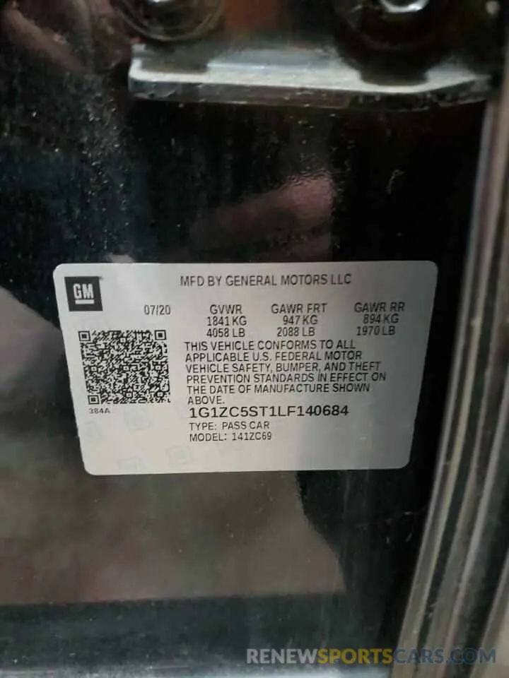 12 Photograph of a damaged car 1G1ZC5ST1LF140684 CHEVROLET MALIBU 2020