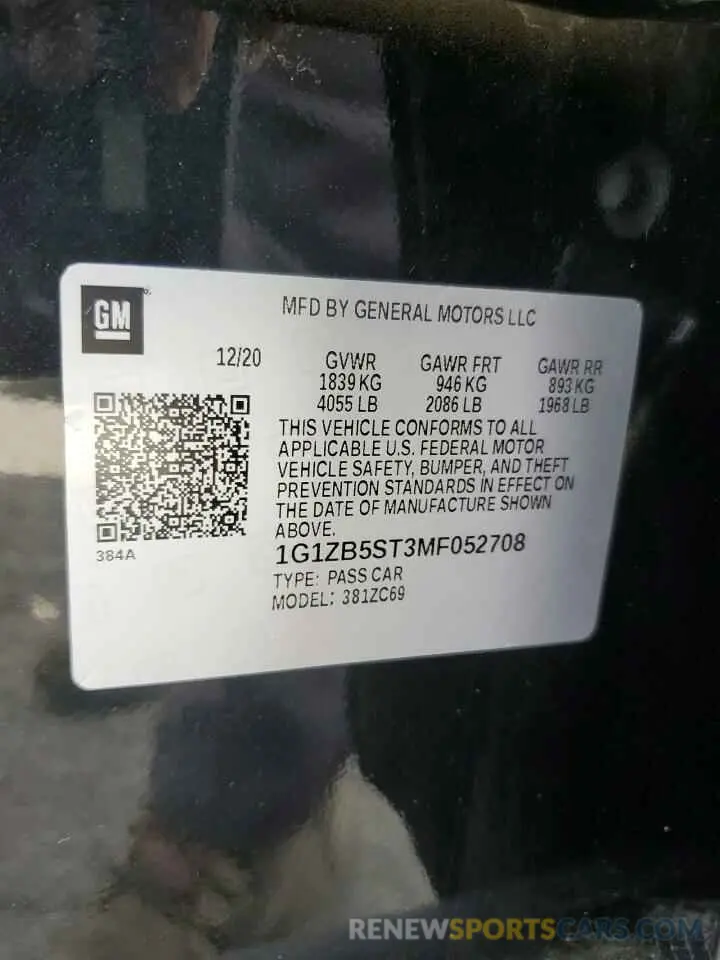 12 Photograph of a damaged car 1G1ZB5ST3MF052708 CHEVROLET MALIBU 2021