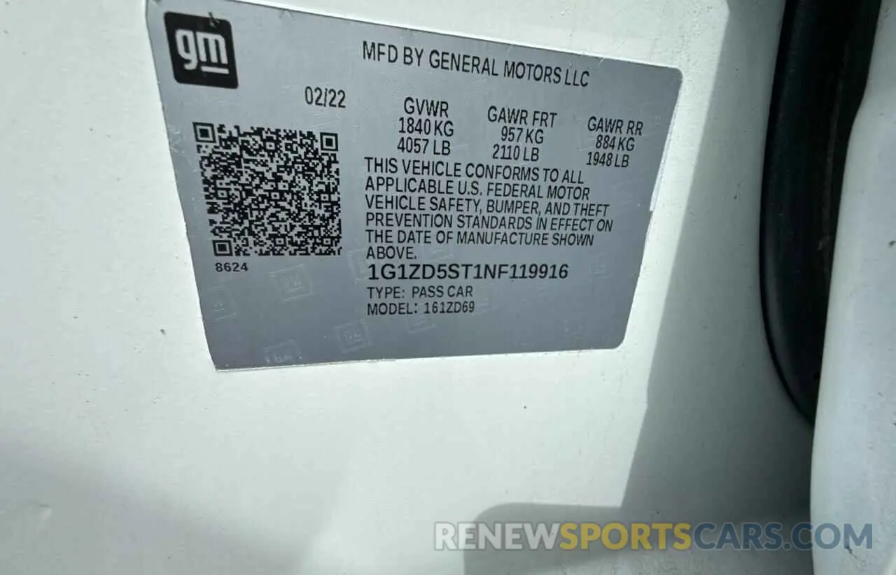 10 Photograph of a damaged car 1G1ZD5ST1NF119916 CHEVROLET MALIBU 2022