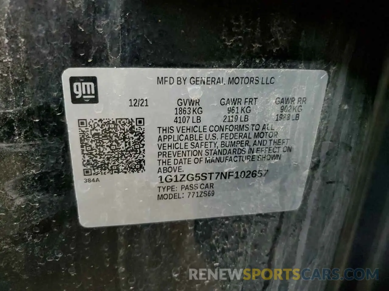 12 Photograph of a damaged car 1G1ZG5ST7NF102657 CHEVROLET MALIBU 2022