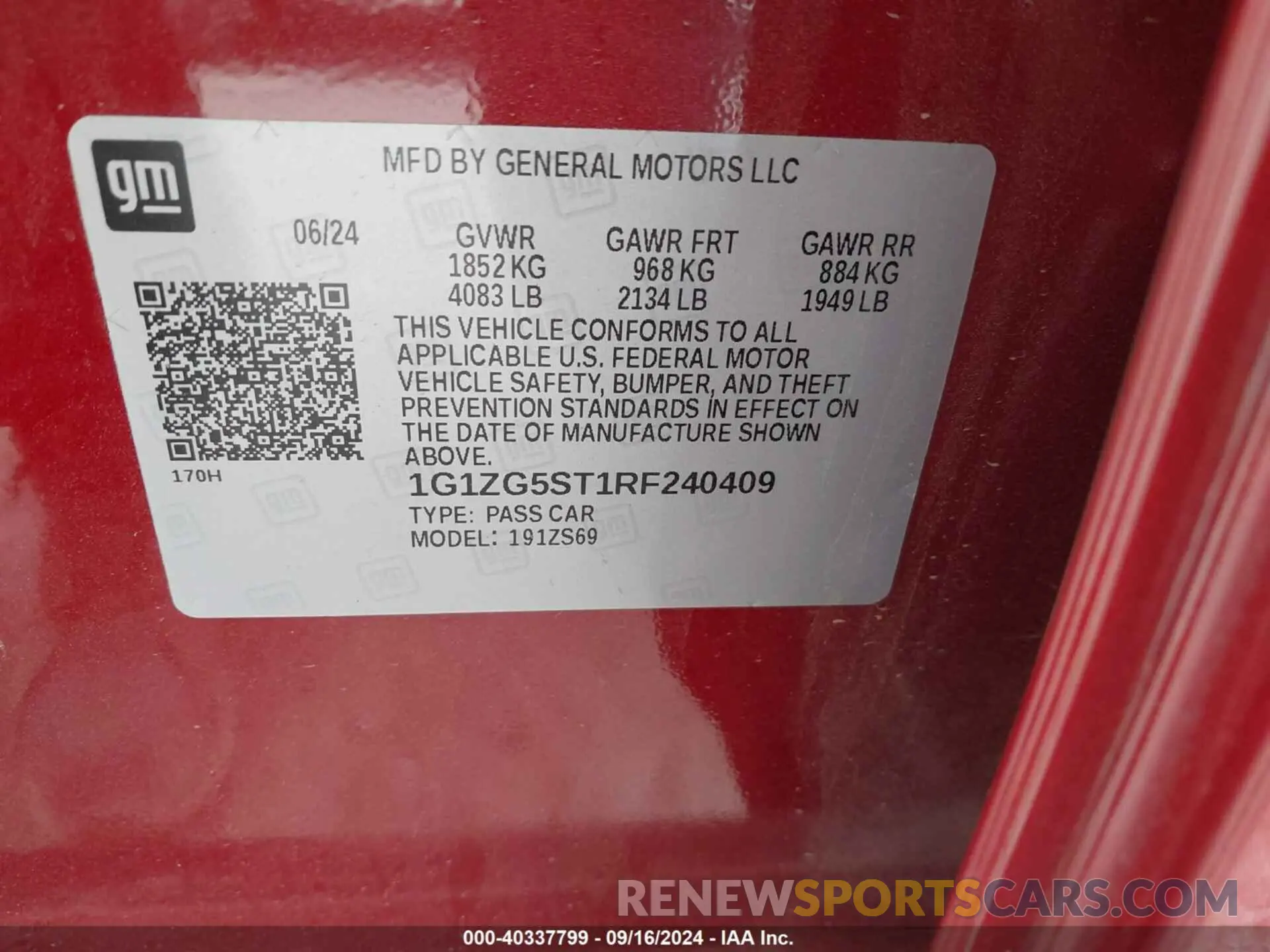9 Photograph of a damaged car 1G1ZG5ST1RF240409 CHEVROLET MALIBU 2024