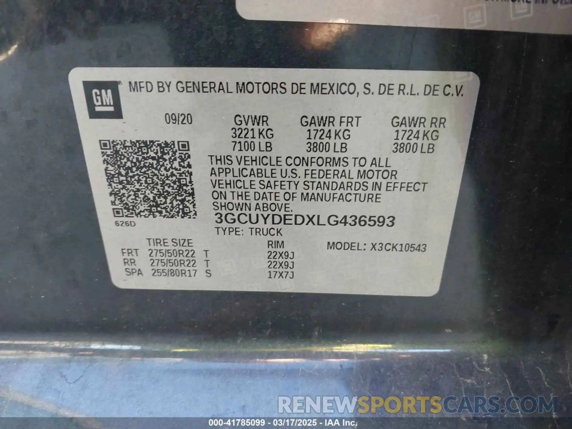 9 Photograph of a damaged car 3GCUYDEDXLG436593 CHEVROLET SILVERADO 1500 2020