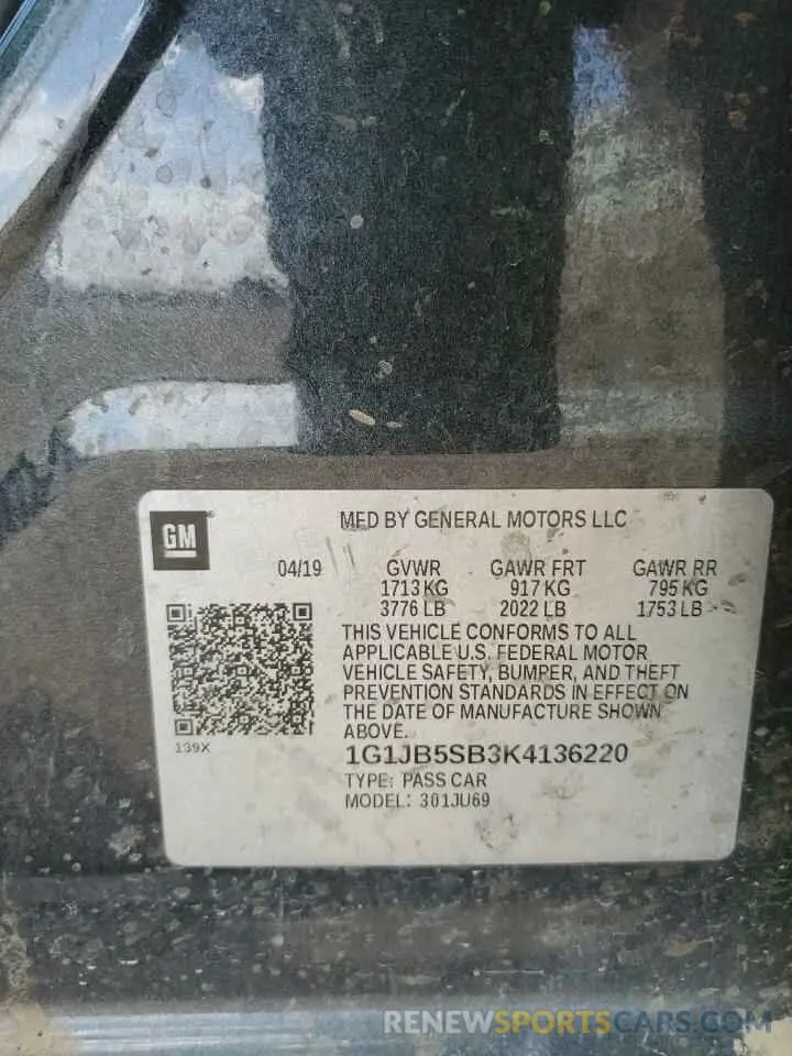 12 Photograph of a damaged car 1G1JB5SB3K4136220 CHEVROLET SONIC 2019