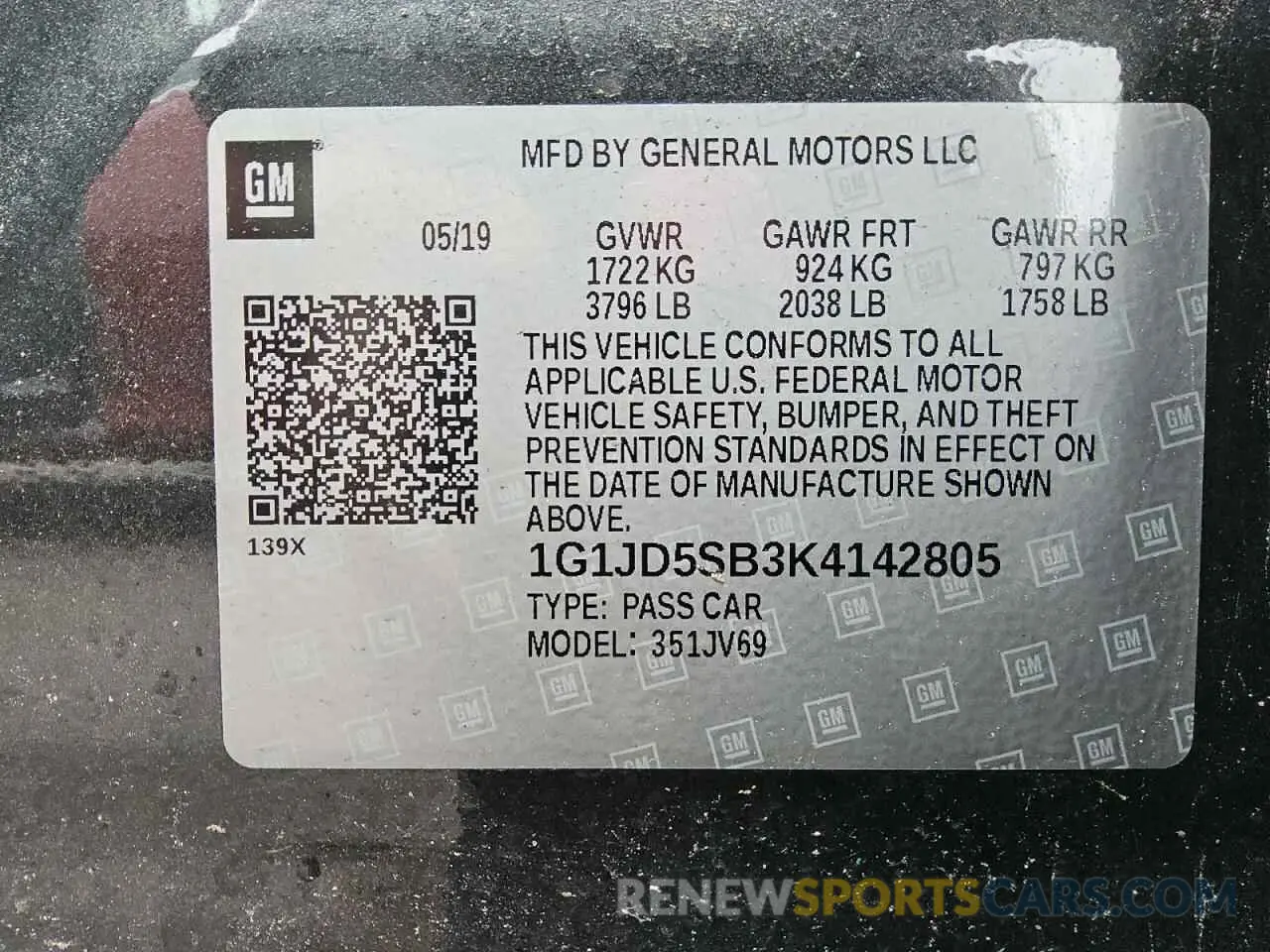13 Photograph of a damaged car 1G1JD5SB3K4142805 CHEVROLET SONIC 2019
