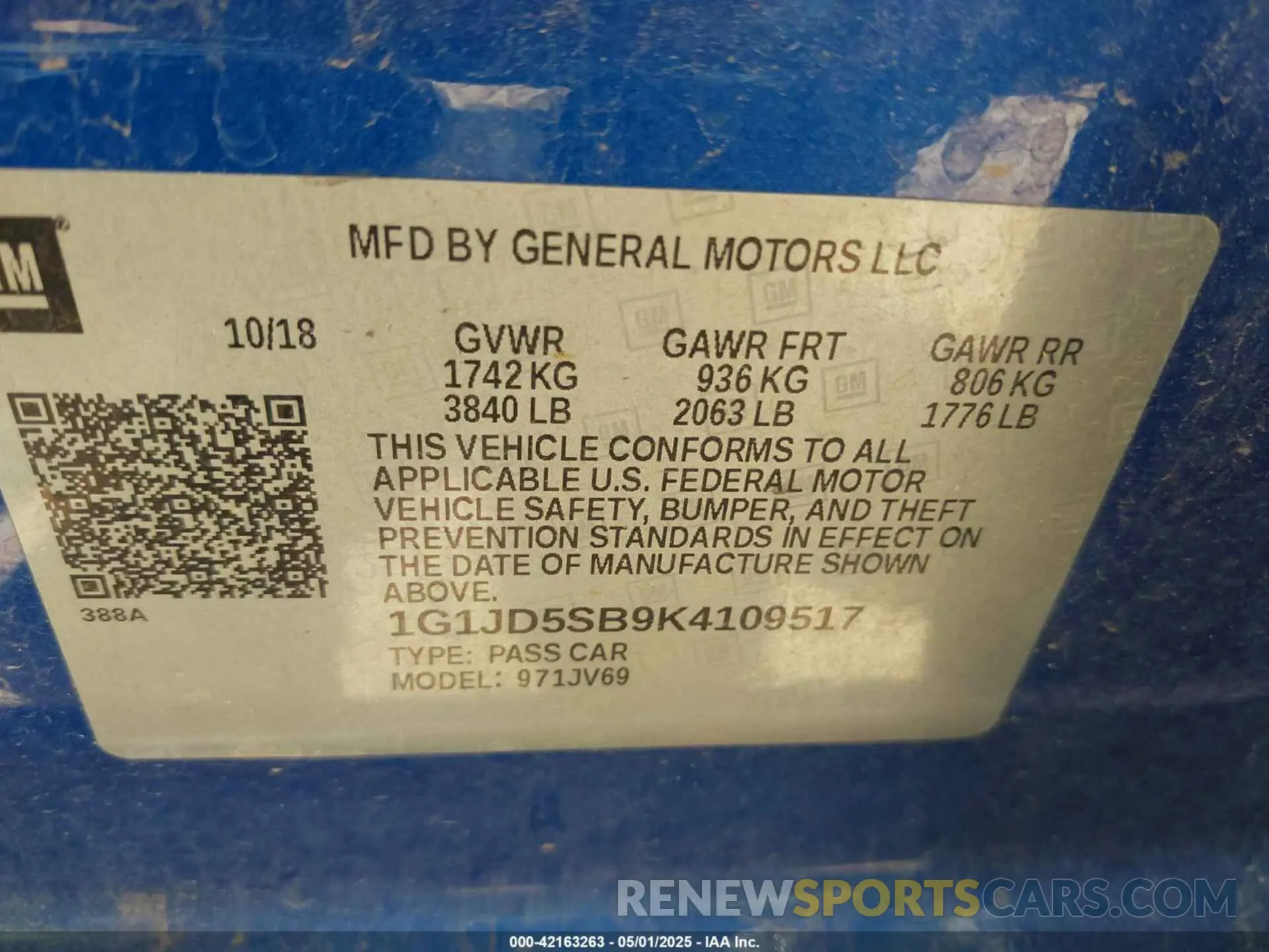 9 Photograph of a damaged car 1G1JD5SB9K4109517 CHEVROLET SONIC 2019