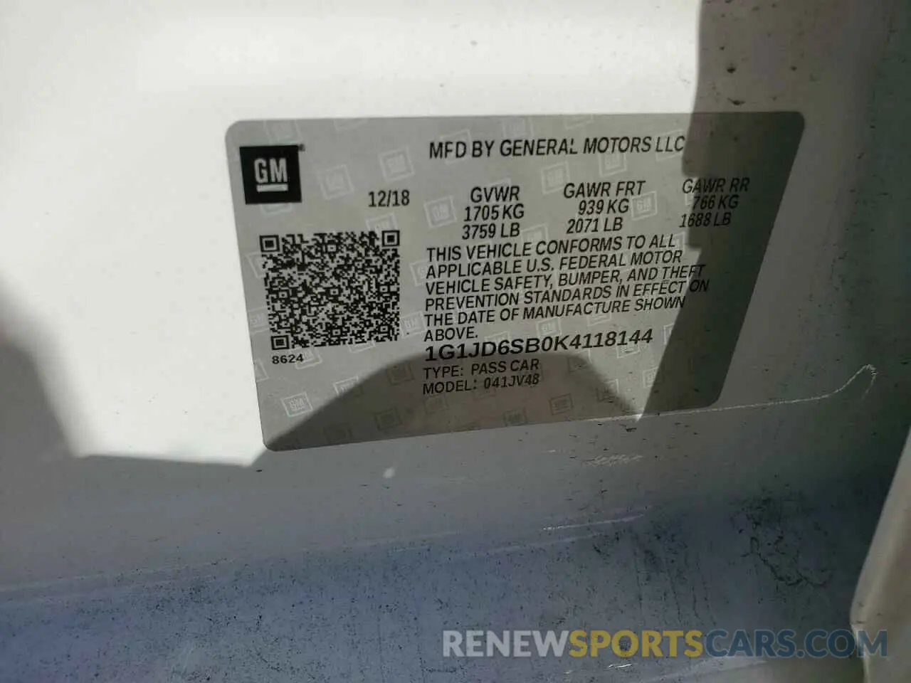 12 Photograph of a damaged car 1G1JD6SB0K4118144 CHEVROLET SONIC 2019