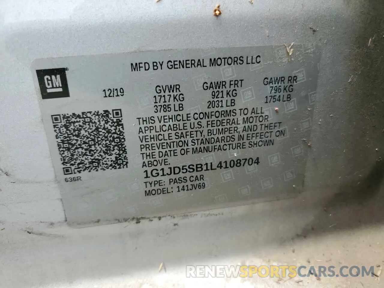 12 Photograph of a damaged car 1G1JD5SB1L4108704 CHEVROLET SONIC 2020
