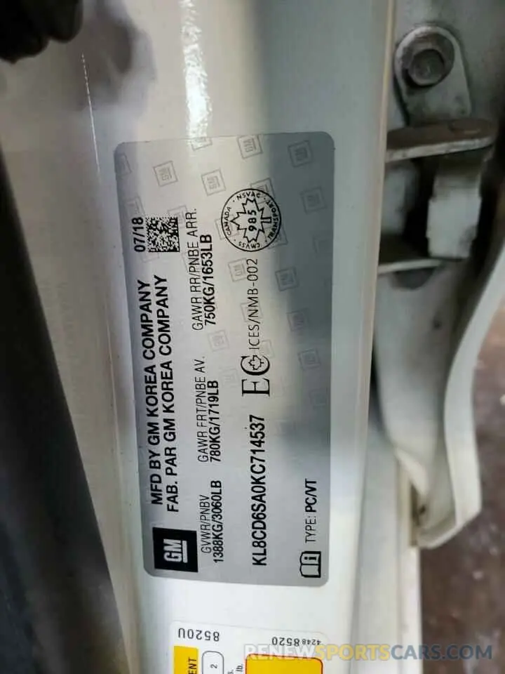 12 Photograph of a damaged car KL8CD6SA0KC714537 CHEVROLET SPARK 2019