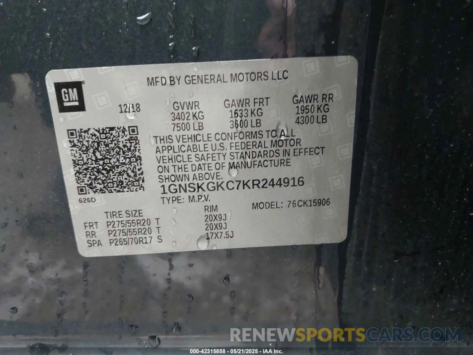 9 Photograph of a damaged car 1GNSKGKC7KR244916 CHEVROLET SUBURBAN 2019