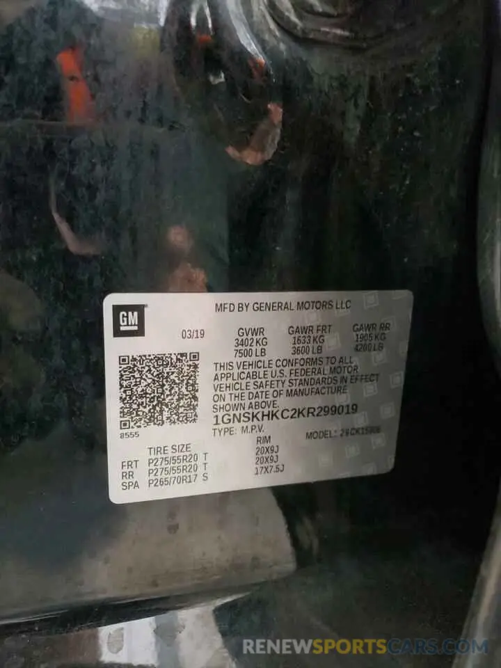 13 Photograph of a damaged car 1GNSKHKC2KR299019 CHEVROLET SUBURBAN 2019