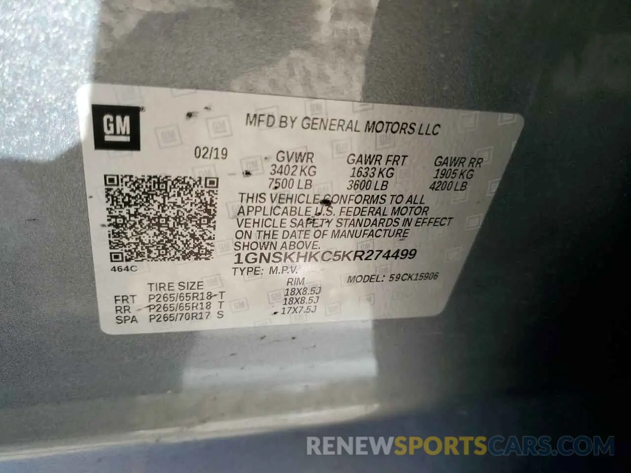 16 Photograph of a damaged car 1GNSKHKC5KR274499 CHEVROLET SUBURBAN 2019