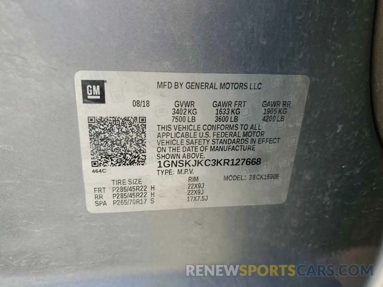 13 Photograph of a damaged car 1GNSKJKC3KR127668 CHEVROLET SUBURBAN 2019