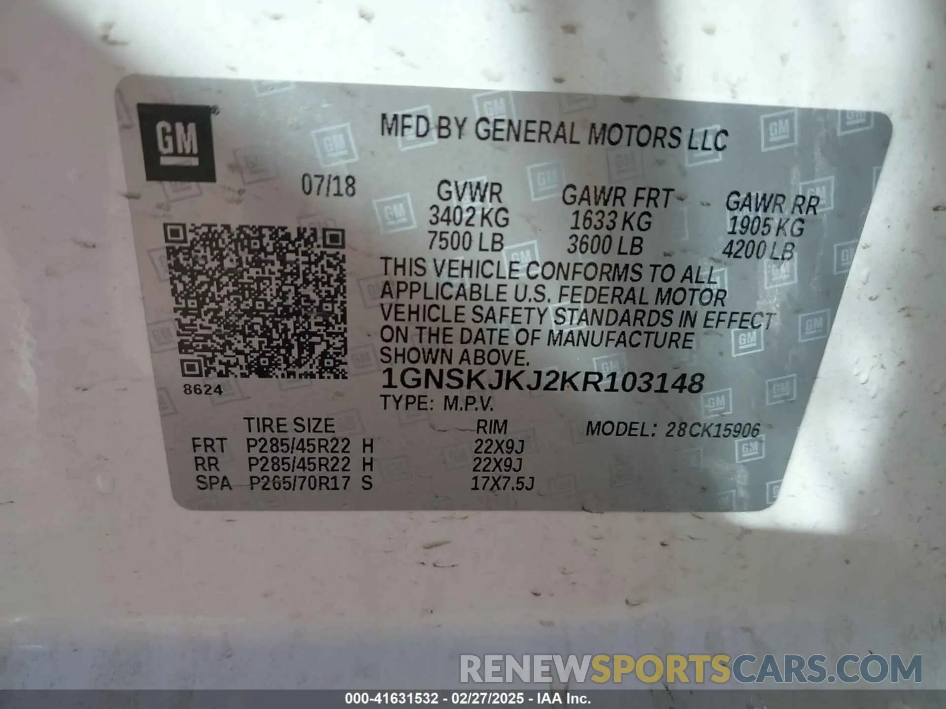 9 Photograph of a damaged car 1GNSKJKJ2KR103148 CHEVROLET SUBURBAN 2019