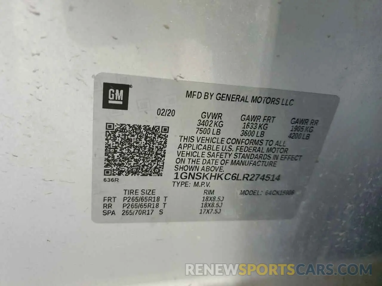 13 Photograph of a damaged car 1GNSKHKC6LR274514 CHEVROLET SUBURBAN 2020