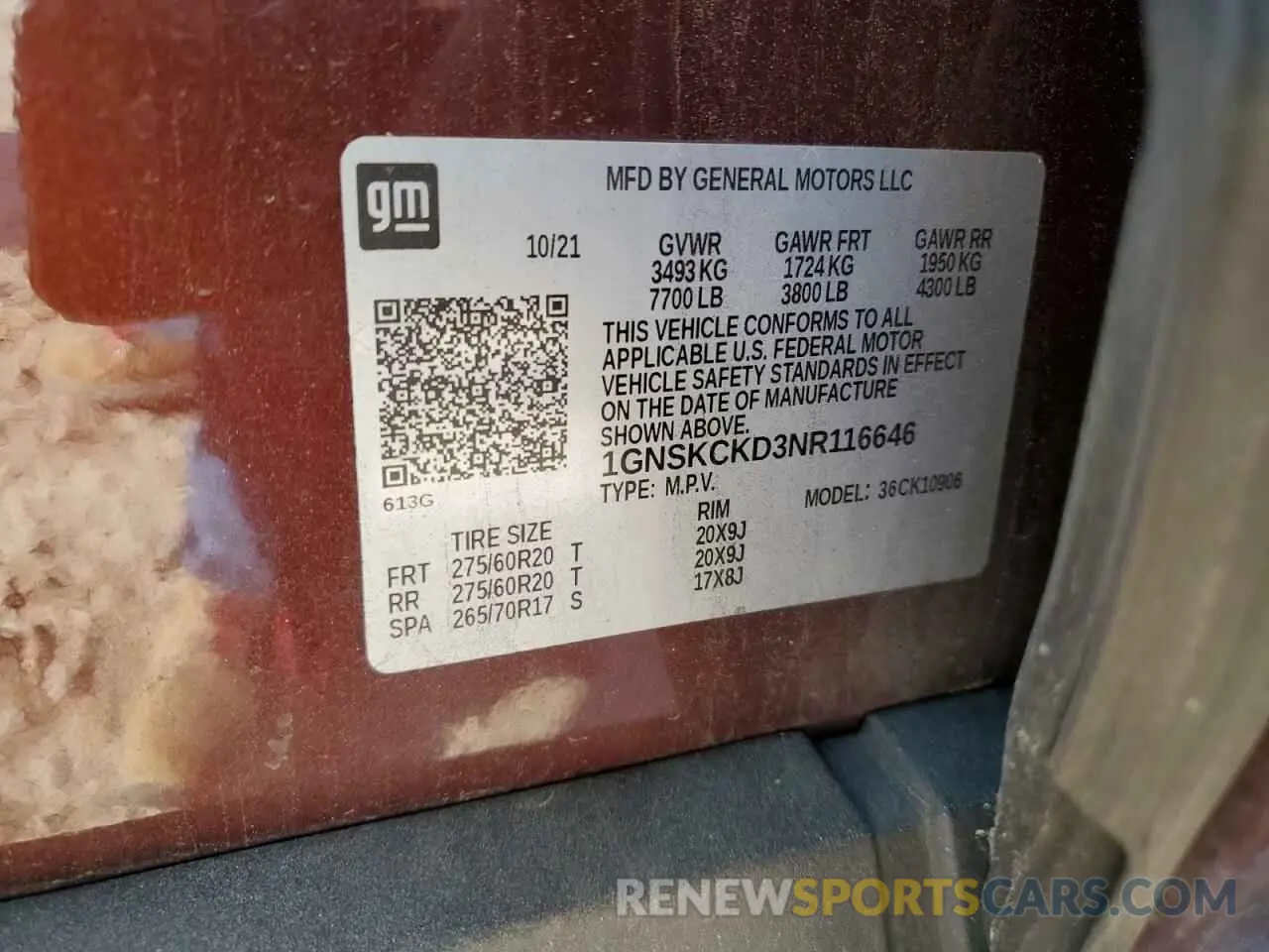 16 Photograph of a damaged car 1GNSKCKD3NR116646 CHEVROLET SUBURBAN 2022