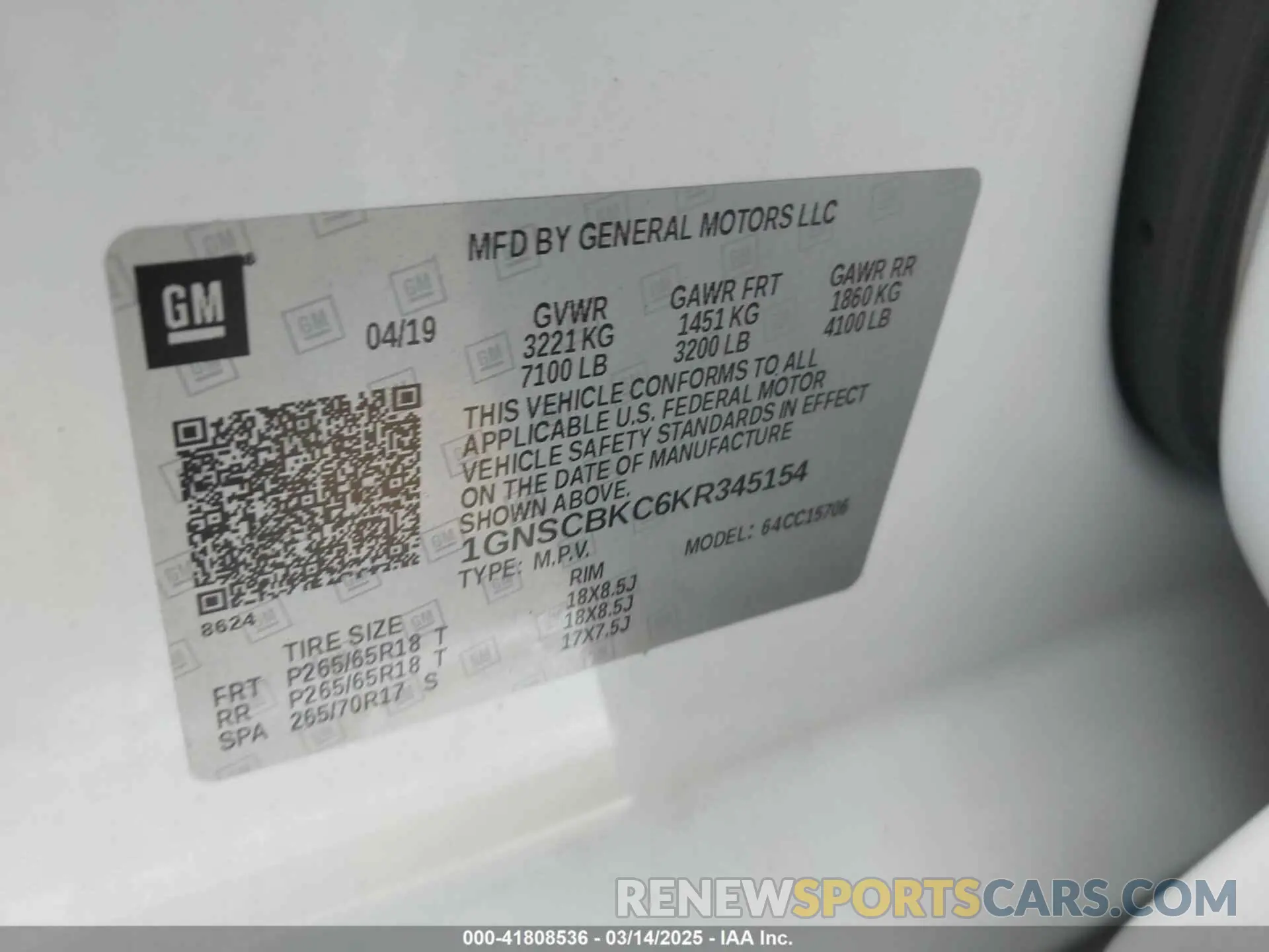 9 Photograph of a damaged car 1GNSCBKC6KR345154 CHEVROLET TAHOE 2019