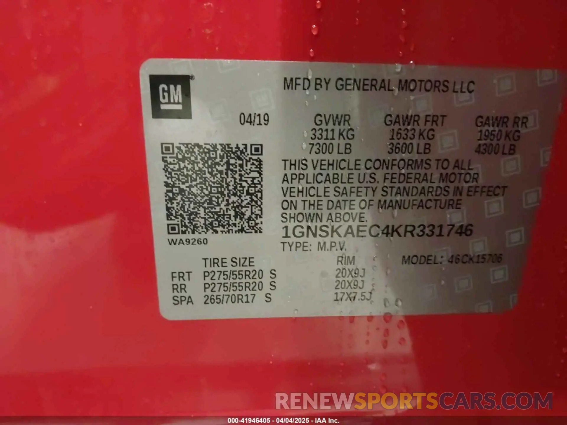 9 Photograph of a damaged car 1GNSKAEC4KR331746 CHEVROLET TAHOE 2019