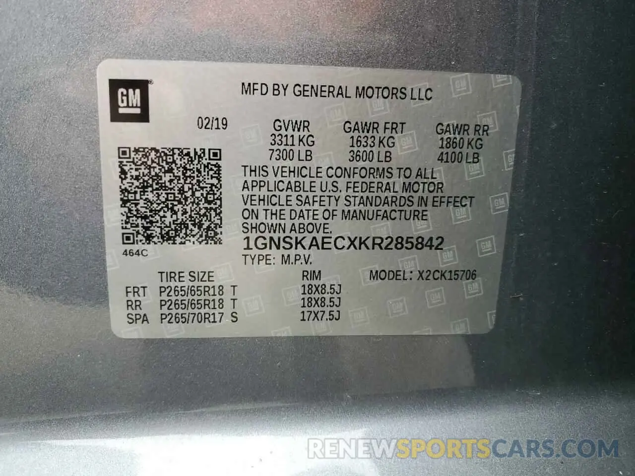 13 Photograph of a damaged car 1GNSKAECXKR285842 CHEVROLET TAHOE 2019