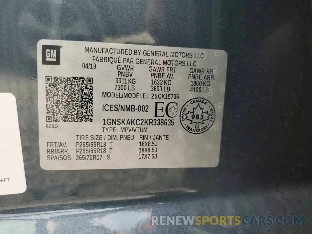 13 Photograph of a damaged car 1GNSKAKC2KR338635 CHEVROLET TAHOE 2019
