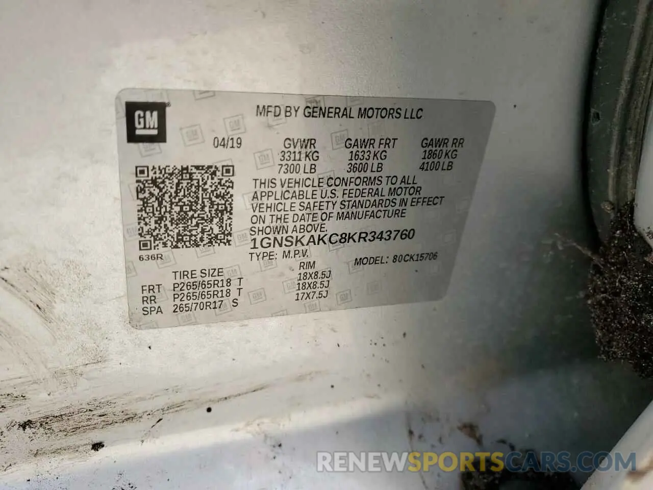 14 Photograph of a damaged car 1GNSKAKC8KR343760 CHEVROLET TAHOE 2019