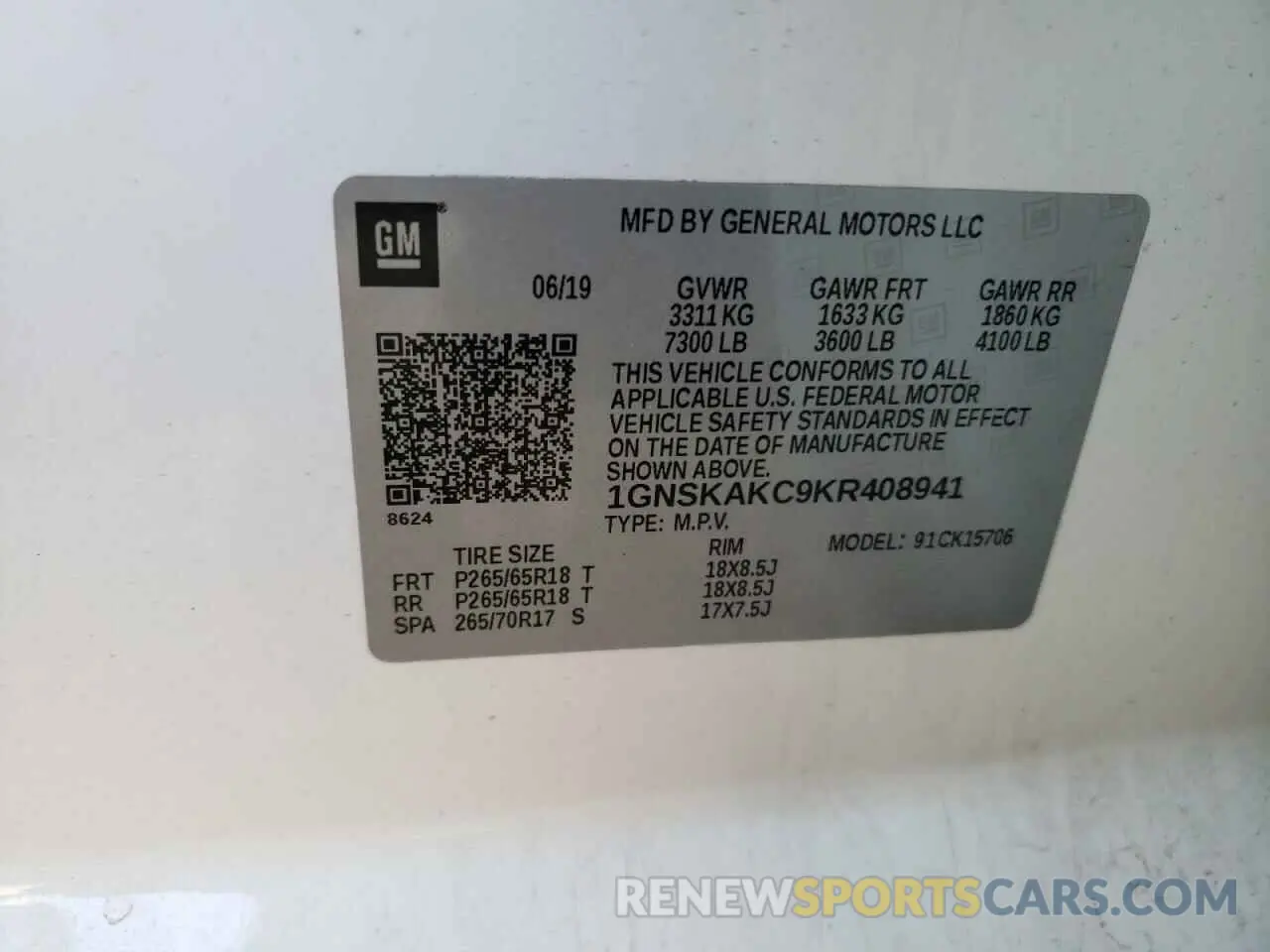 14 Photograph of a damaged car 1GNSKAKC9KR408941 CHEVROLET TAHOE 2019