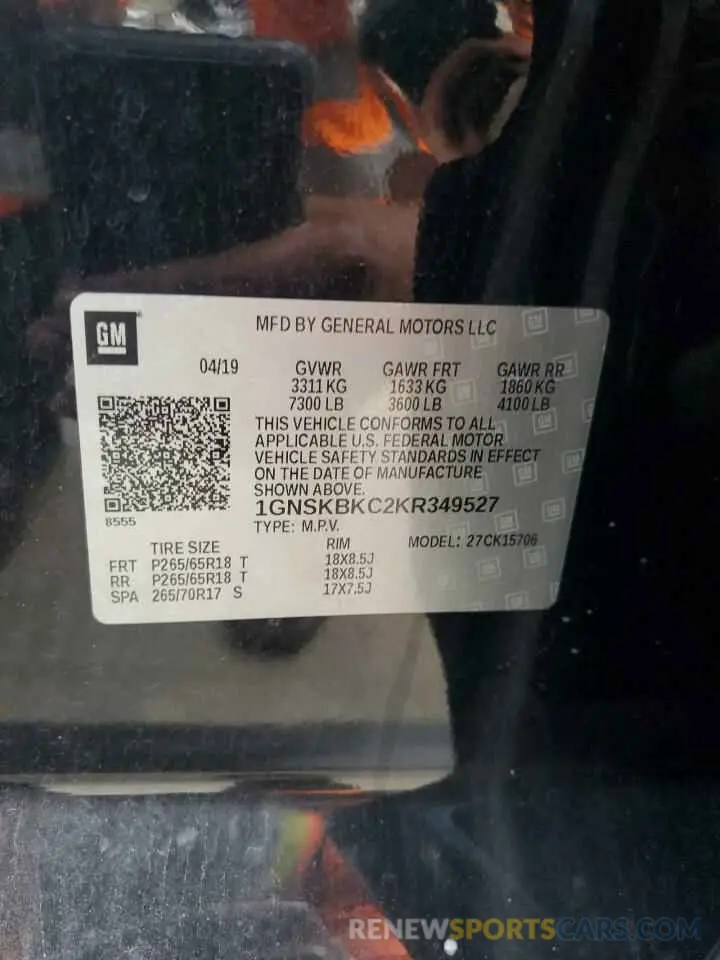 13 Photograph of a damaged car 1GNSKBKC2KR349527 CHEVROLET TAHOE 2019