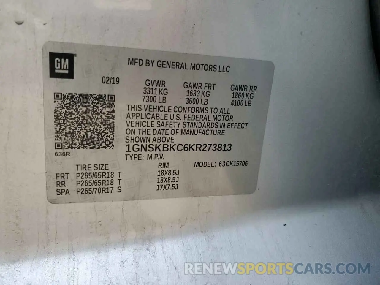 13 Photograph of a damaged car 1GNSKBKC6KR273813 CHEVROLET TAHOE 2019