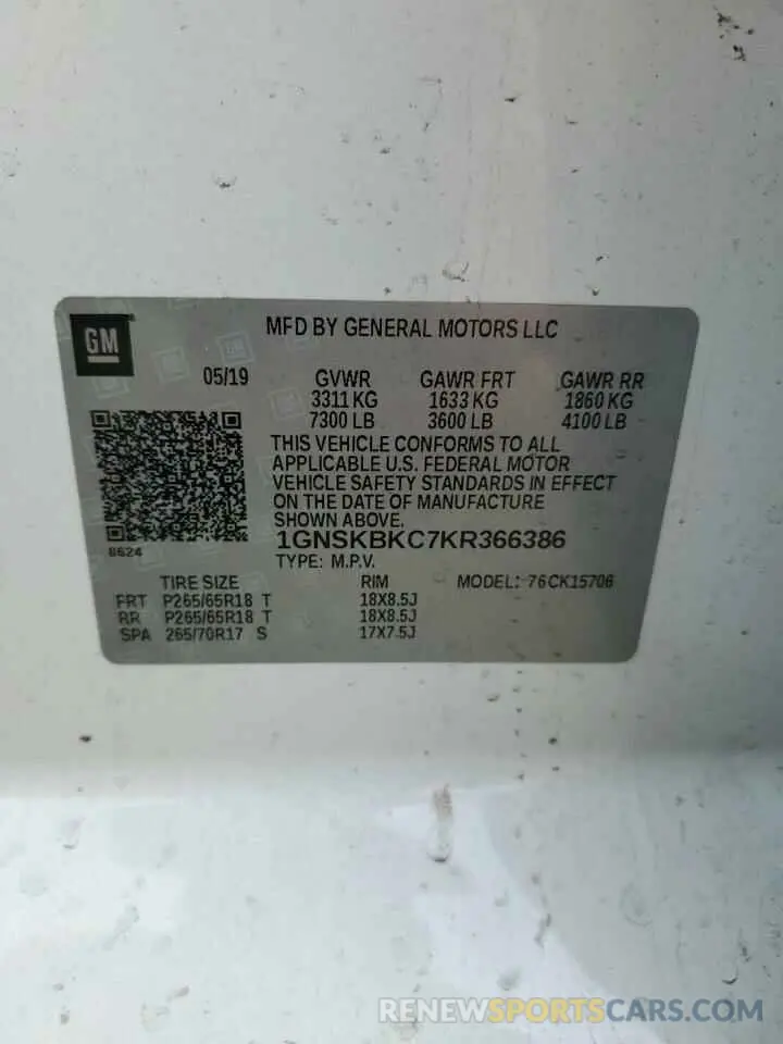 12 Photograph of a damaged car 1GNSKBKC7KR366386 CHEVROLET TAHOE 2019
