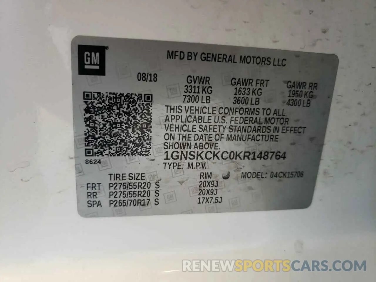 15 Photograph of a damaged car 1GNSKCKC0KR148764 CHEVROLET TAHOE 2019