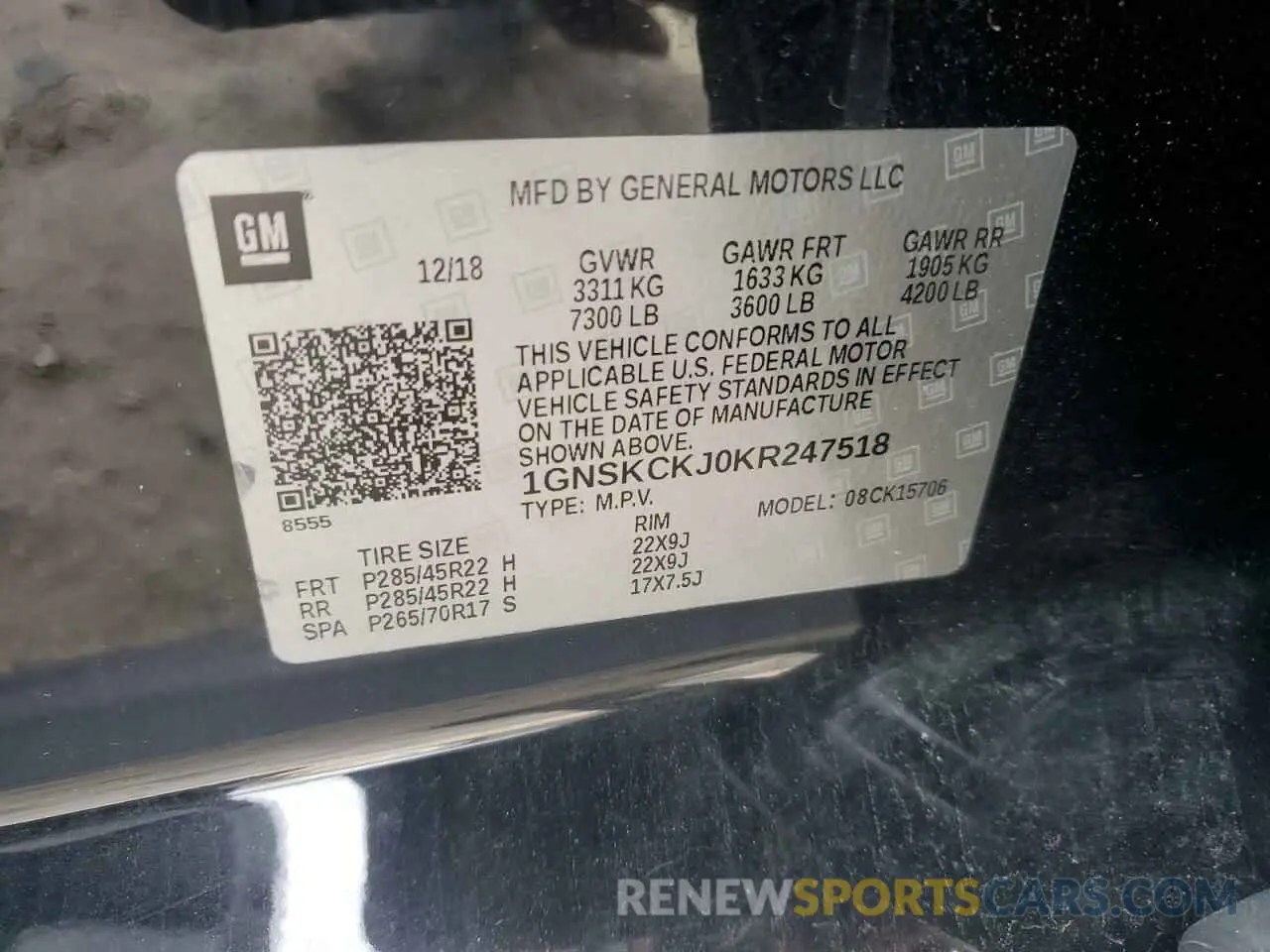 15 Photograph of a damaged car 1GNSKCKJ0KR247518 CHEVROLET TAHOE 2019