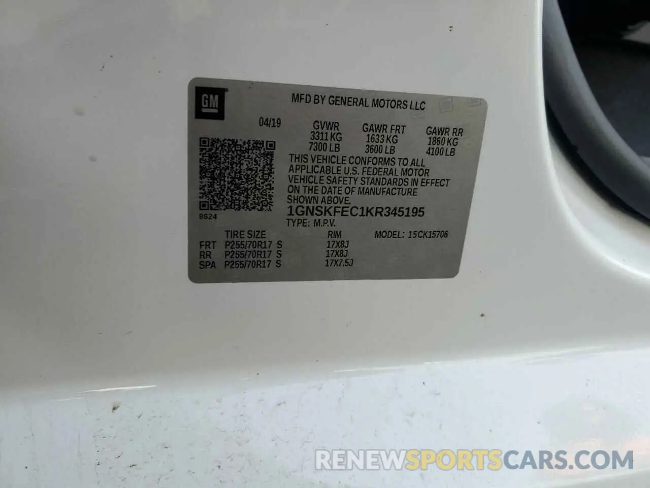 14 Photograph of a damaged car 1GNSKFEC1KR345195 CHEVROLET TAHOE 2019