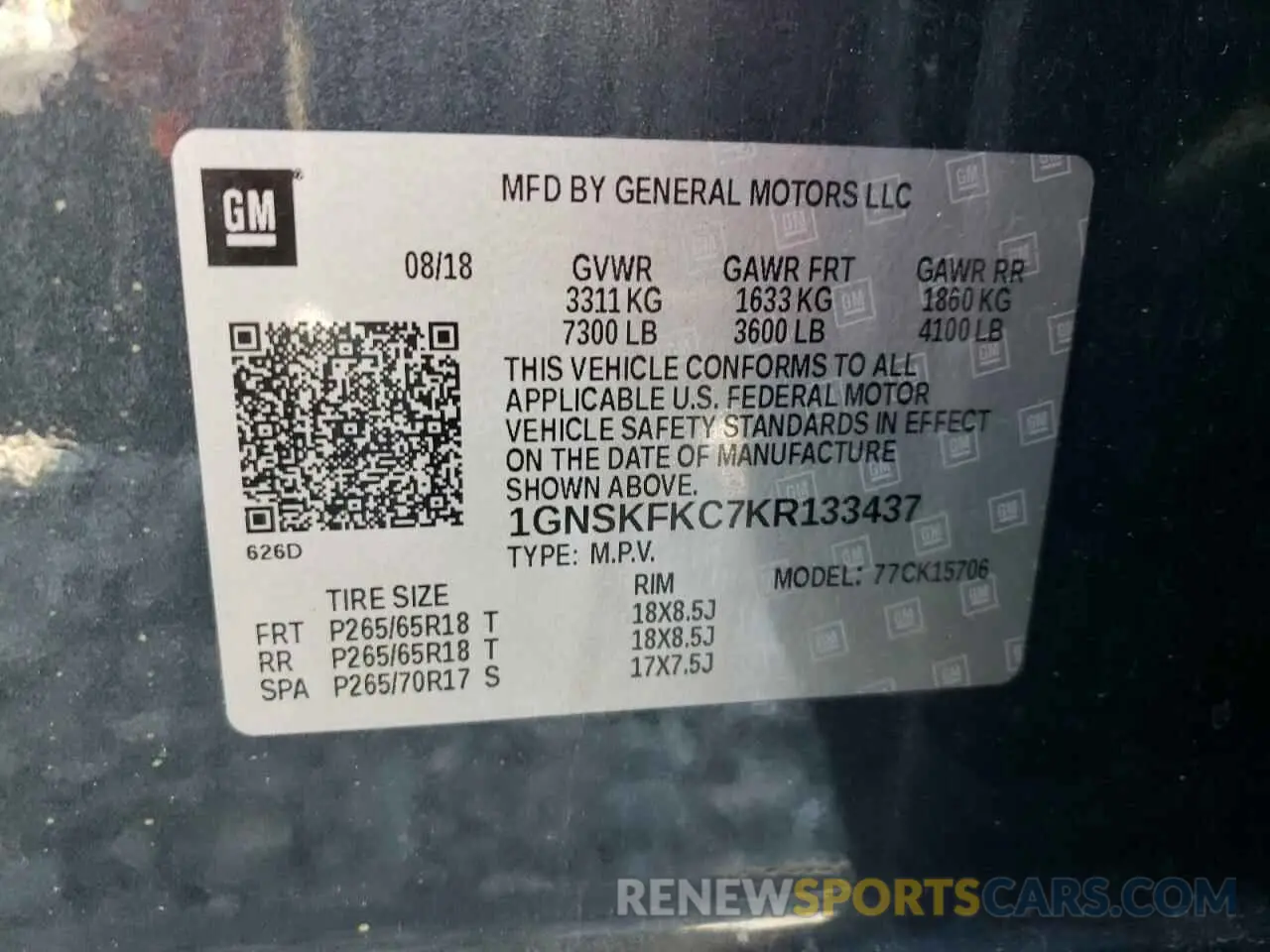 13 Photograph of a damaged car 1GNSKFKC7KR133437 CHEVROLET TAHOE 2019