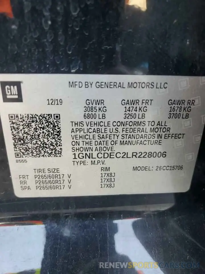 13 Photograph of a damaged car 1GNLCDEC2LR228006 CHEVROLET TAHOE 2020