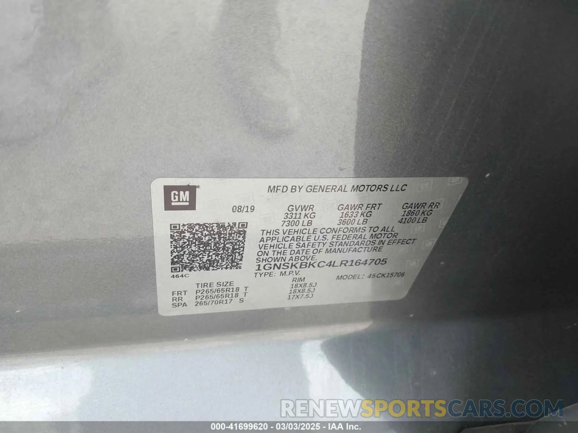 10 Photograph of a damaged car 1GNSKBKC4LR164705 CHEVROLET TAHOE 2020