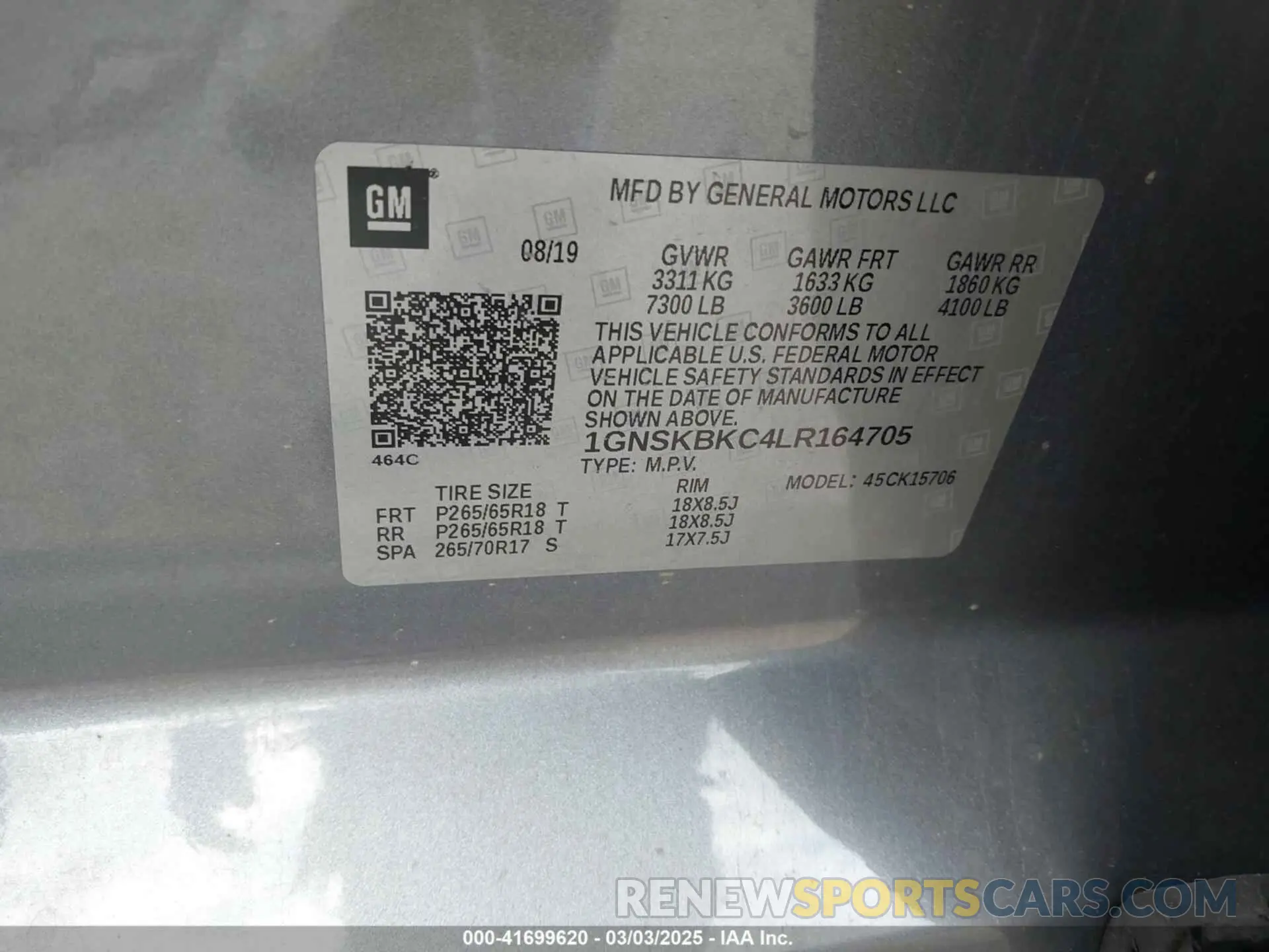 9 Photograph of a damaged car 1GNSKBKC4LR164705 CHEVROLET TAHOE 2020