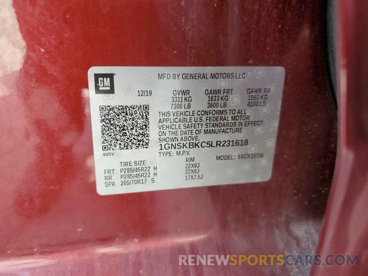 15 Photograph of a damaged car 1GNSKBKC5LR231618 CHEVROLET TAHOE 2020