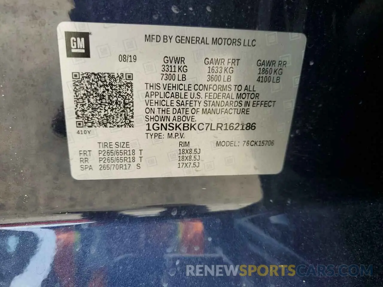 13 Photograph of a damaged car 1GNSKBKC7LR162186 CHEVROLET TAHOE 2020