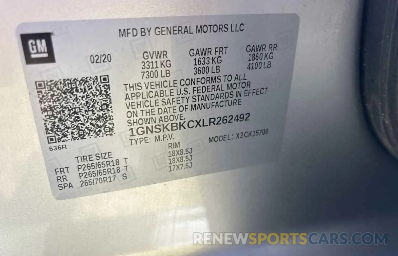 10 Photograph of a damaged car 1GNSKBKCXLR262492 CHEVROLET TAHOE 2020